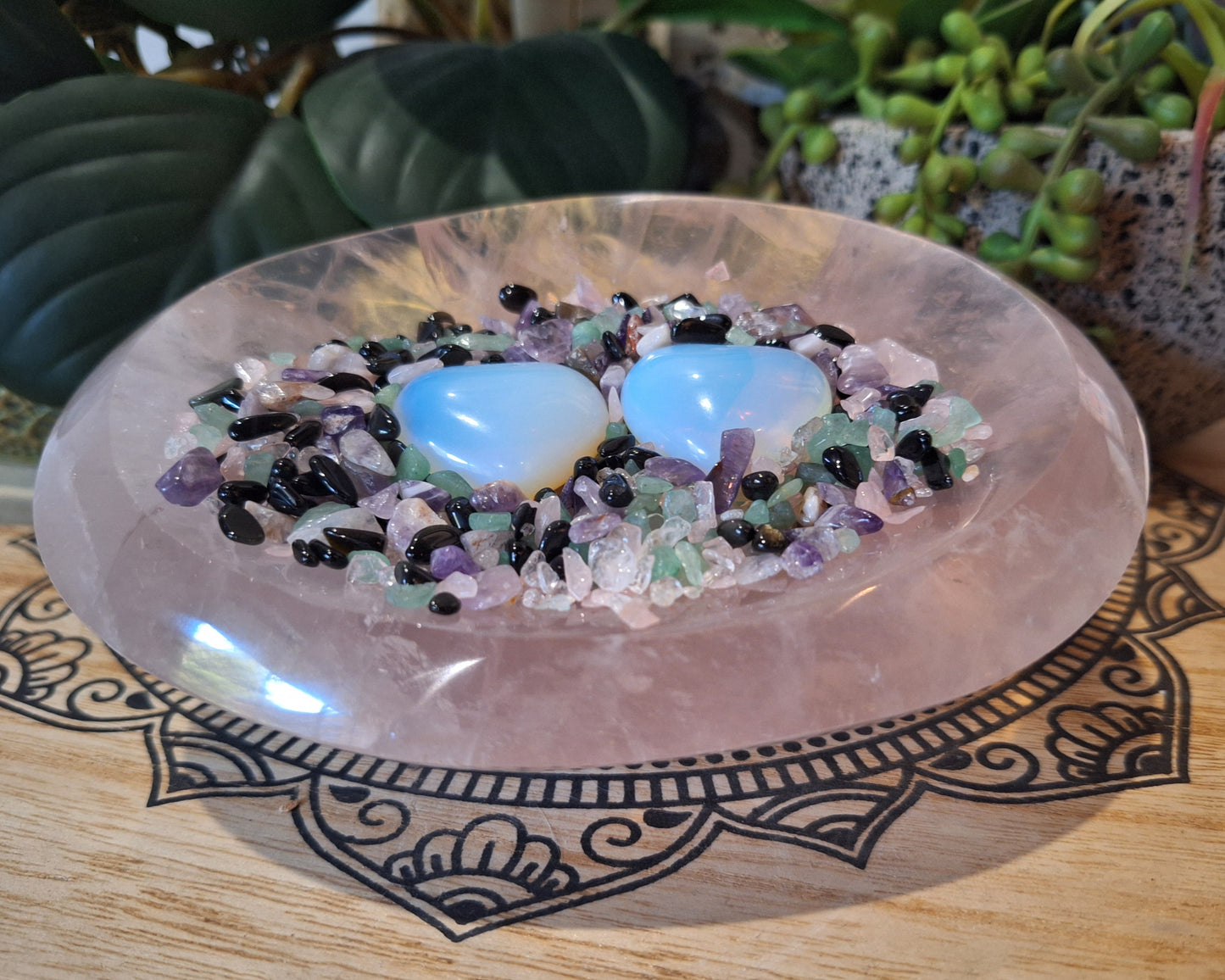Rose Quartz Bowl with Opalite Hearts