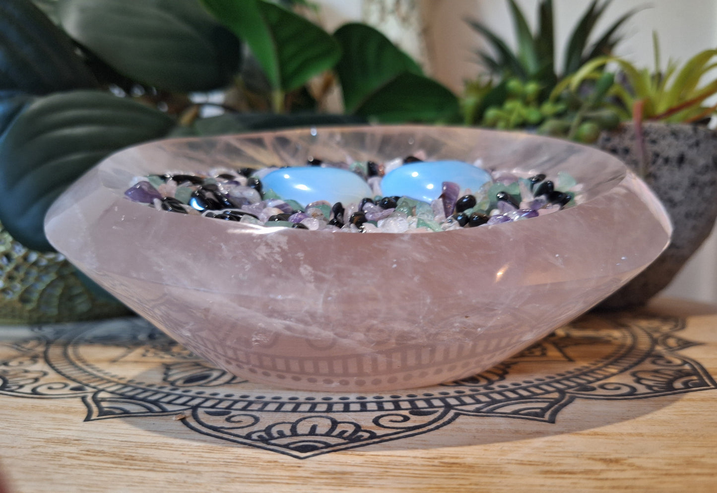 Rose Quartz Bowl with Opalite Hearts