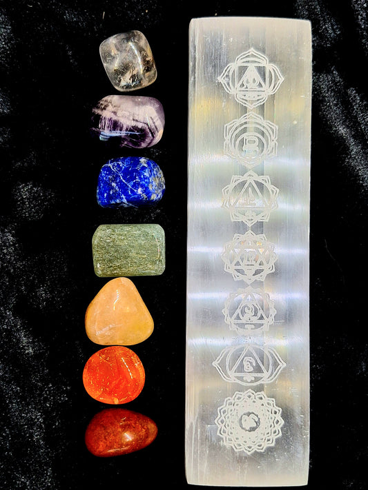 Chakra Selenite Ruler and Tumbles