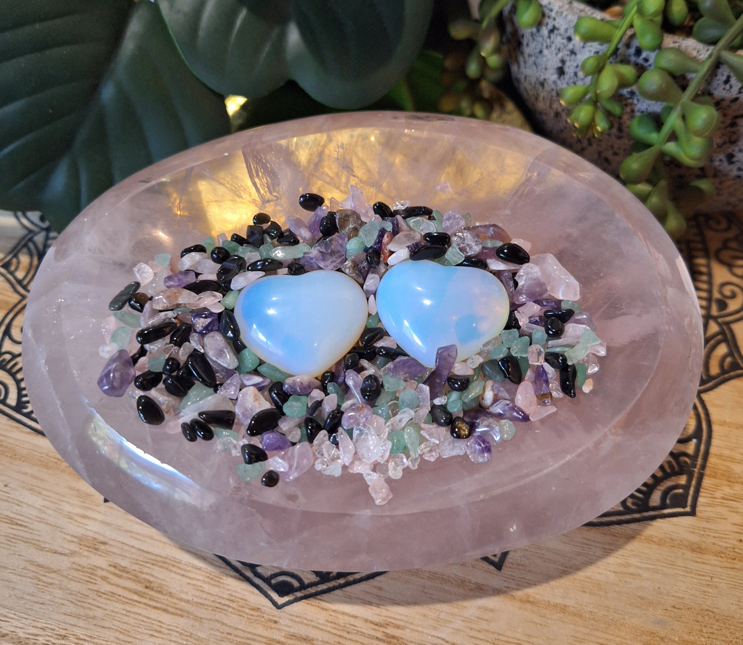 Rose Quartz Bowl with Opalite Hearts